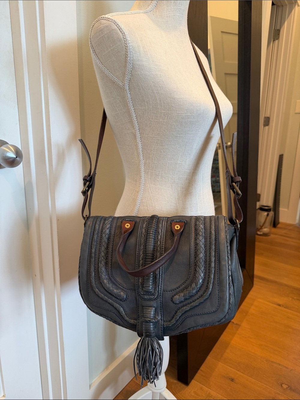 Anthropologie Holding Horses Blue Leather Tassel Shoulder Bag Flap Crossbody